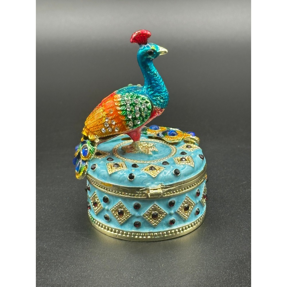 Vintage Peacock Trinket Box Enameled Cloisonne Bejeweled Crystal Hinged Case - Picture 6 of 9